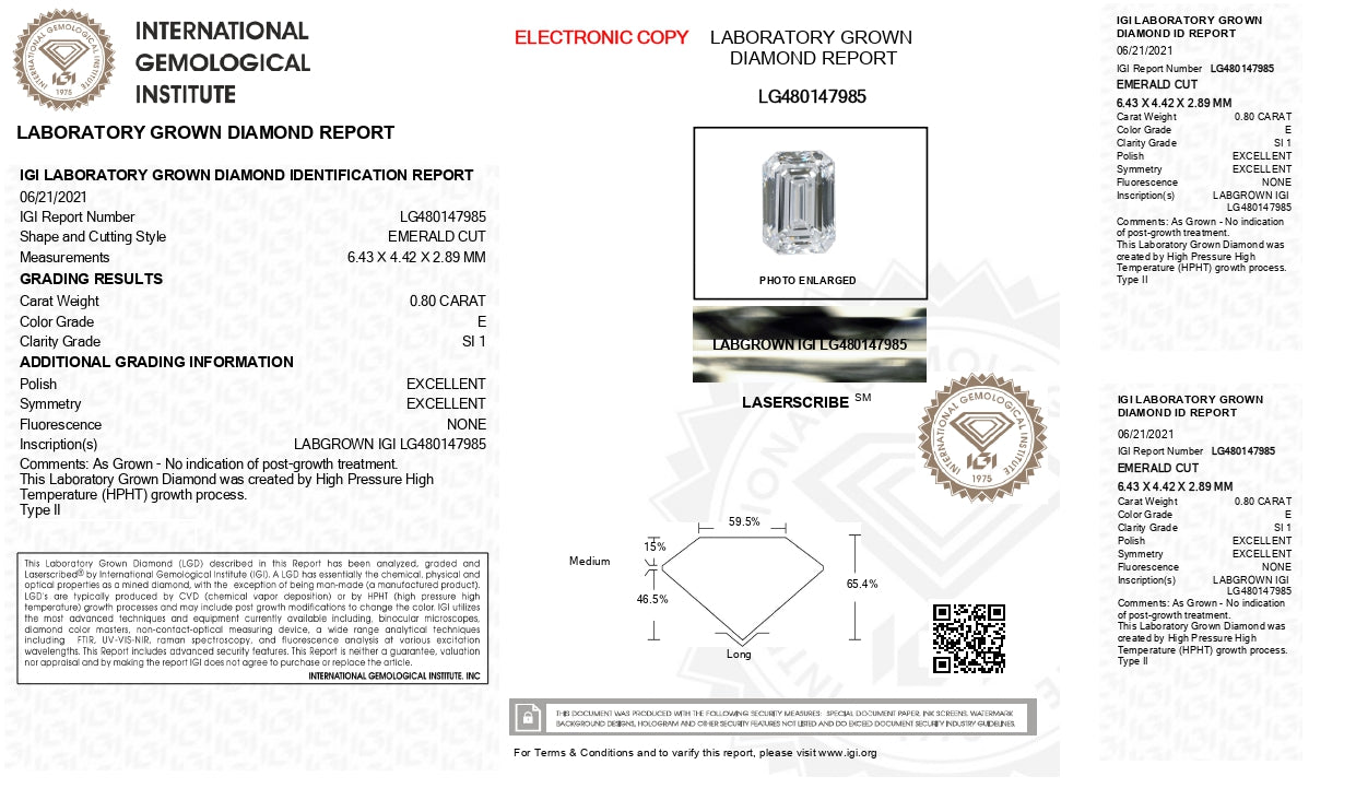 0.80 ct Diamante Lab Corte Esmeralda E SI1 - BODHANA