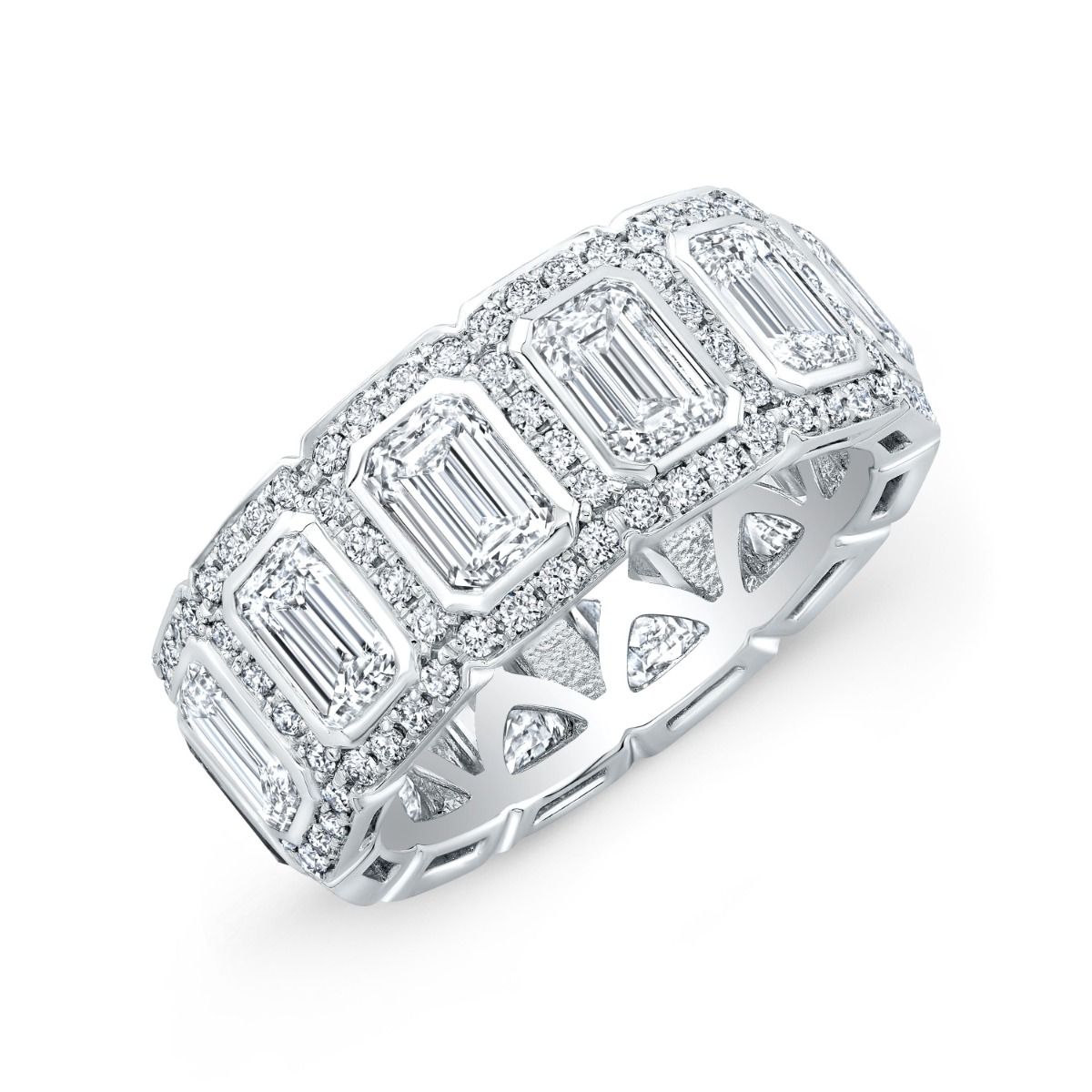 Anillo de Eternidad para Hombre de Corte Esmeralda con Halo de 10 Quilates