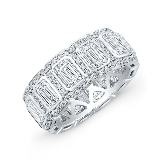 Anillo de Eternidad para Hombre de Corte Esmeralda con Halo de 10 Quilates