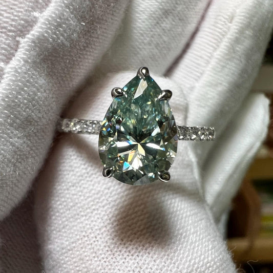 2.25 ct Anillo de compromiso con diamante pera azul verdoso vívido oro 14k - BODHANA