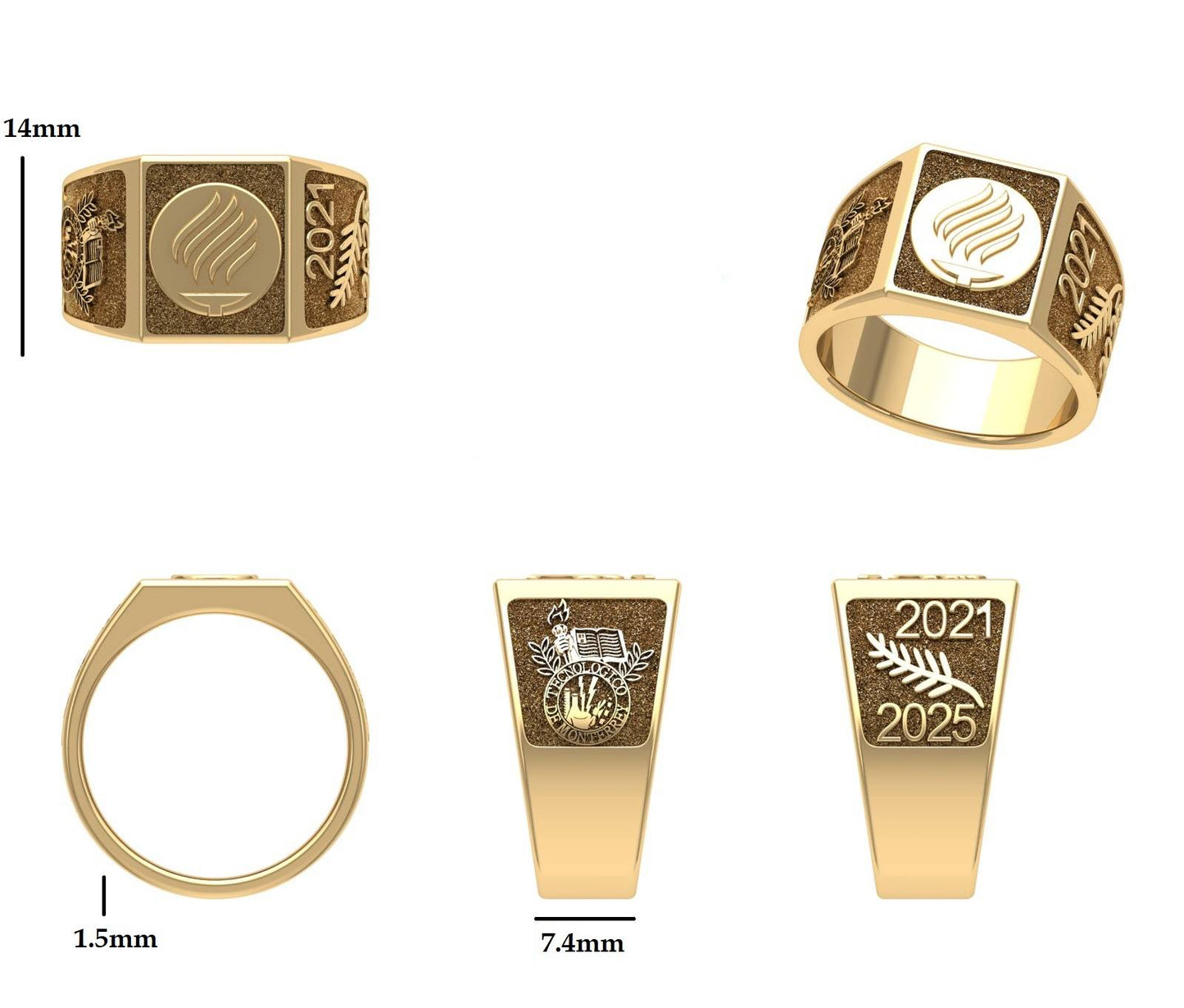 Roma Anillo de Graduación Personalizado en Oro 14K o 18K con Logo Frontal 14mm