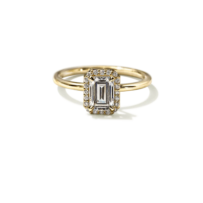 Anillo personalizado en oro amarillo 18 k halo solitario con diamantes y piedra central de 0.80 ct Diamante Lab Corte Esmeralda E SI1