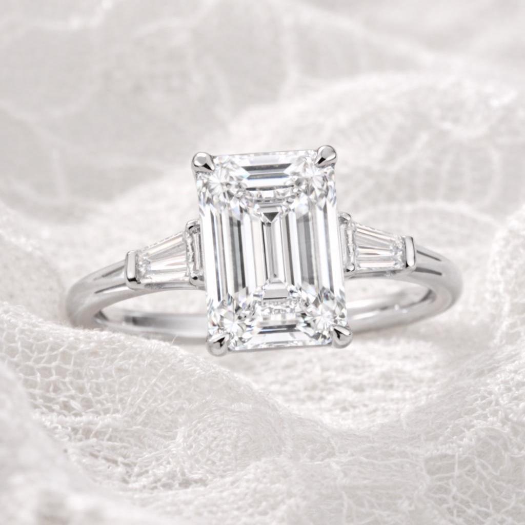 Anillo Aspen — Diamante esmeralda de 3 ct con baguettes laterales en oro 14k