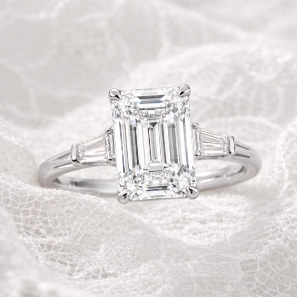 Anillo Aspen — Diamante esmeralda de 3 ct con baguettes laterales en oro 14k