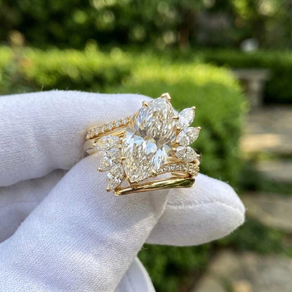 Anillo Santorini — Diamante marquesa de 3 ct con cluster asimétrico en oro 14k